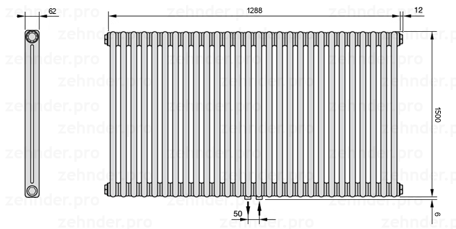 Схема (чертеж) Радиатор Zehnder Charleston 2150/28 №5410 Белый глянцевый RAL 9016